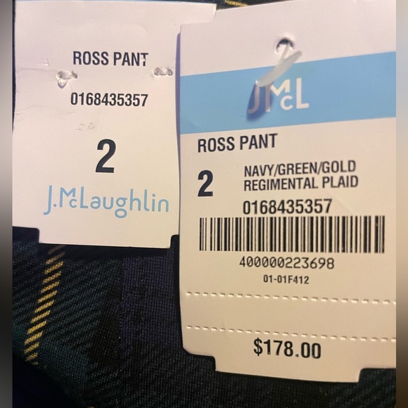 J.Mclaughlin Ross Pant Navy Green Gold Regimental Plaid Women’s Size 2 NWT - Picture 3 of 5